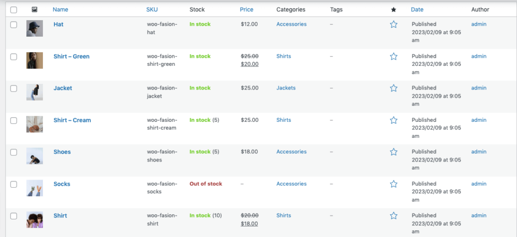This image shows all products in a WooCommerce store.