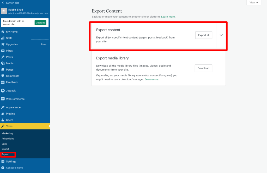 This image shows how to Export all content from WordPress.com
