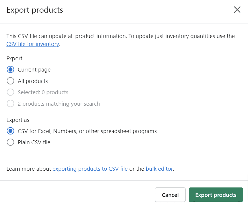 This image shows the way to download products from a Shopify store as a CSV file. 