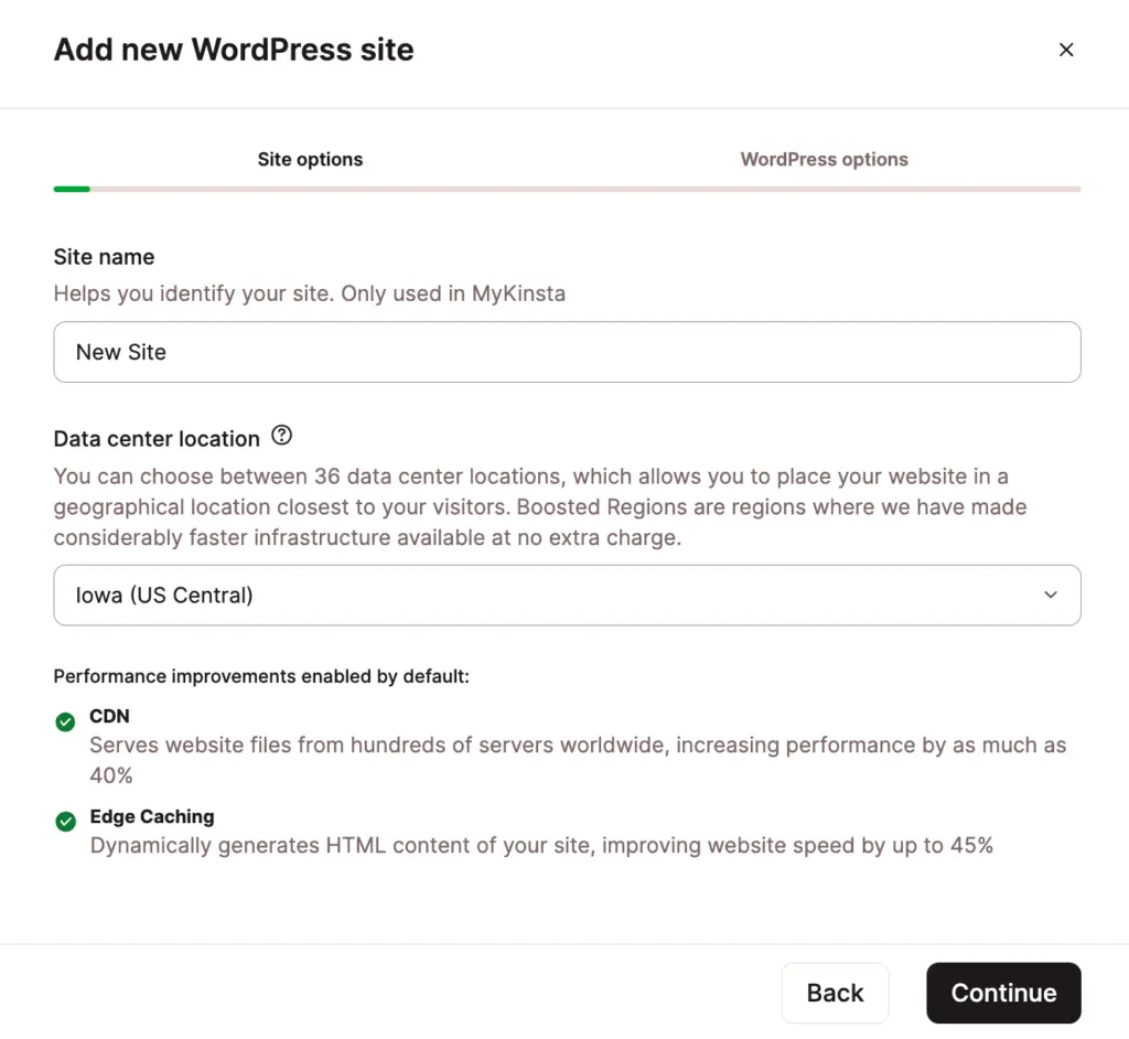 This image shows how to add site details in Kinsta