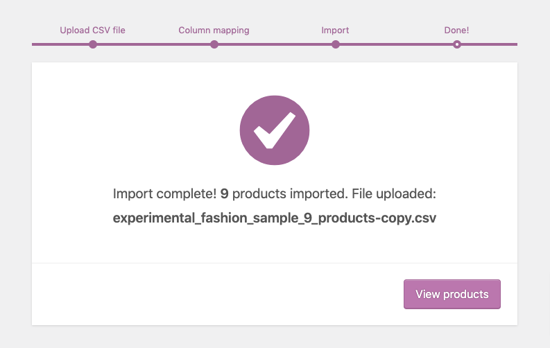 This is a screenshot of the WooCommerce product importing success message. 