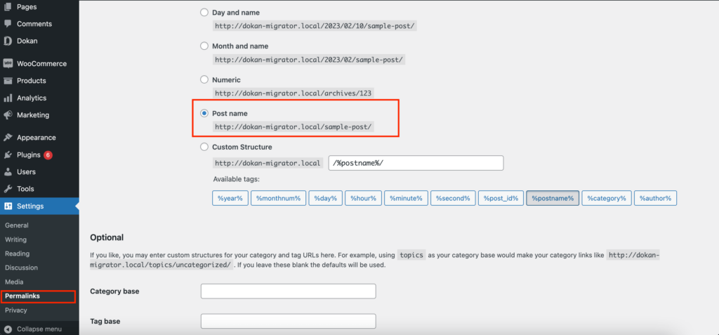 This image shows to Select Post Name to configure permalink settings