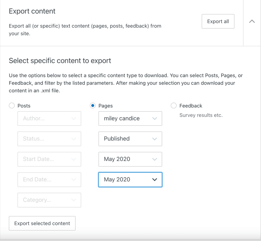 This image shows to Select specific posts for exporting from WordPress.com