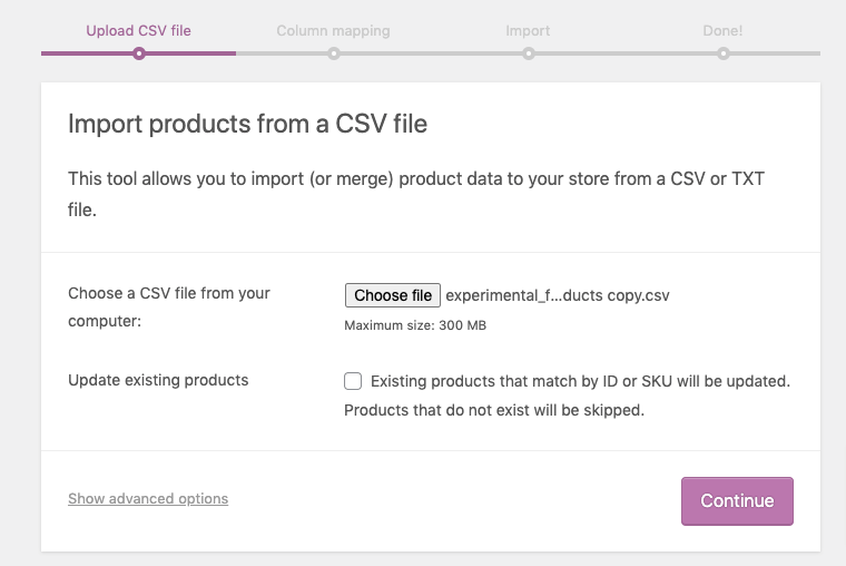 This image shows how to import products from a CSV file in a WooCommerce site.