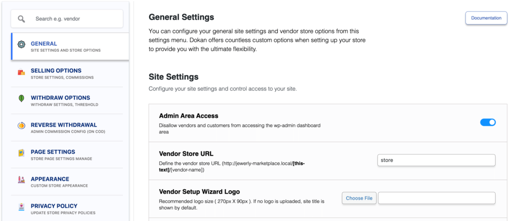 A screenshot showing dokan setting options