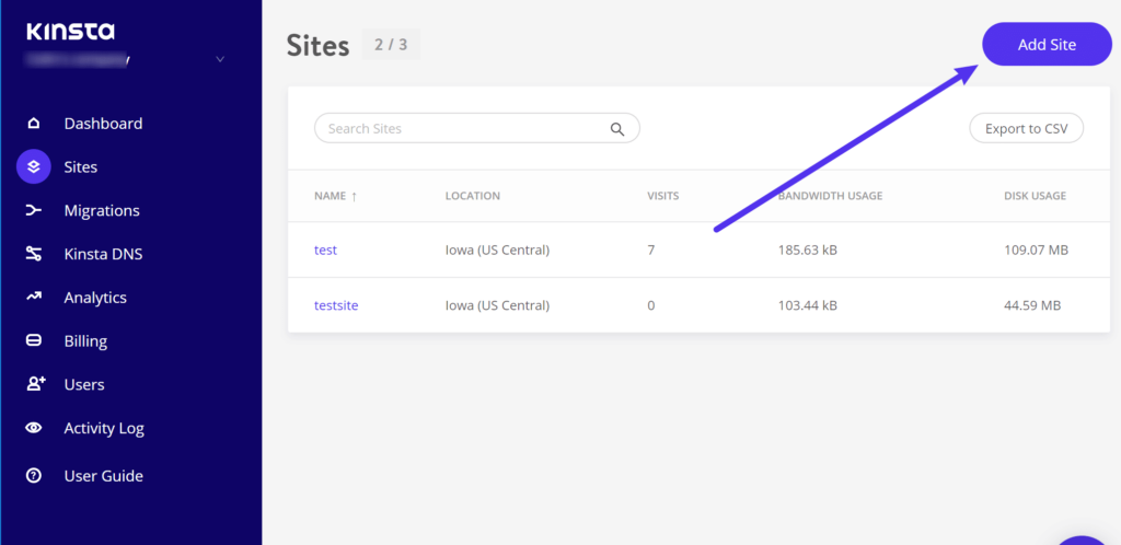 This image shows how to add site by going to kinsta dashboard