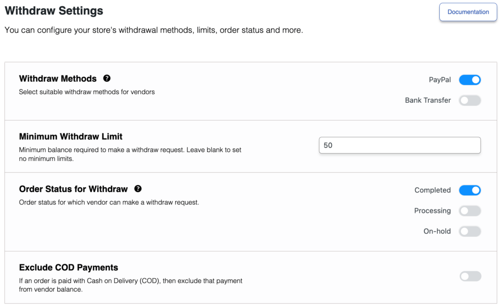 A screenshot showing how to enable withdraw methods for vendors 