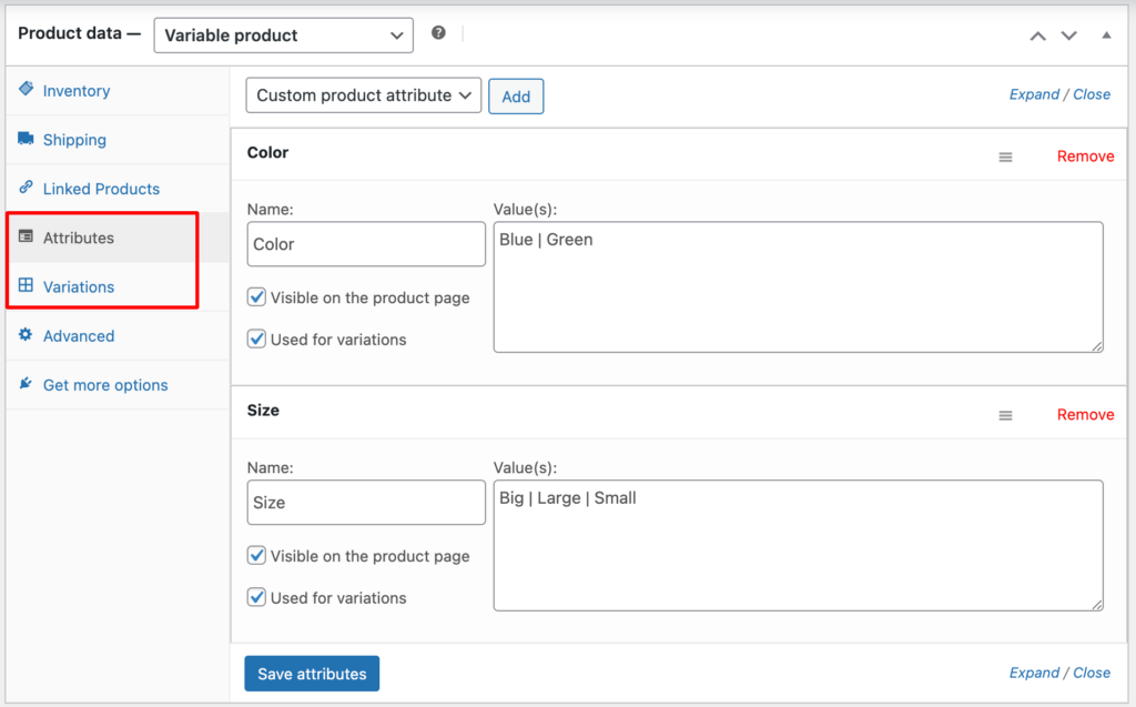 A screenshot showing how to set different attributes for variable products