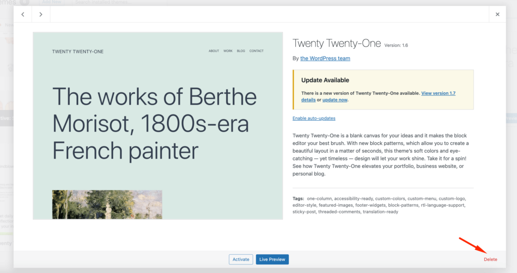 This screenshot shows the delete button on a theme to delete the theme. 