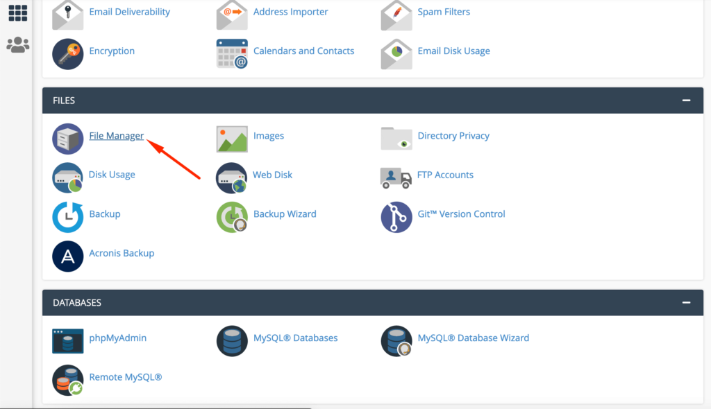 This image shows where the File Manager is located on cPanel. 