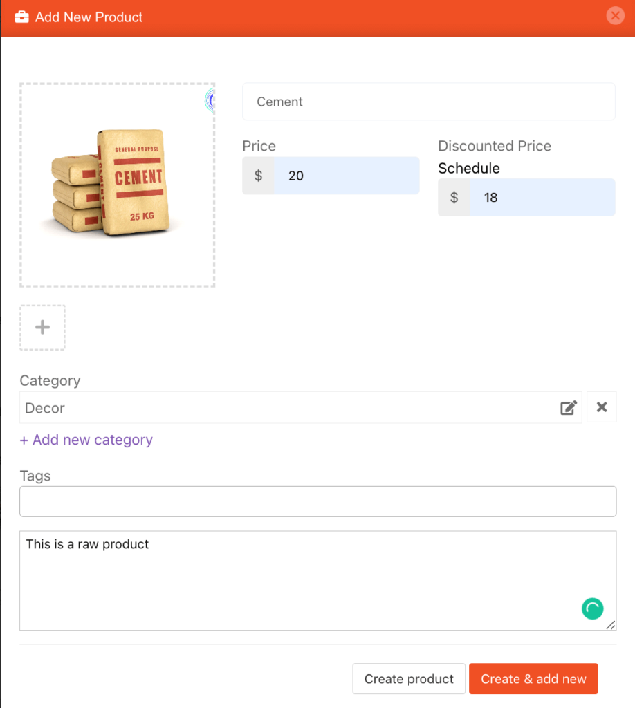 This is a screenshot of Add product by vendor