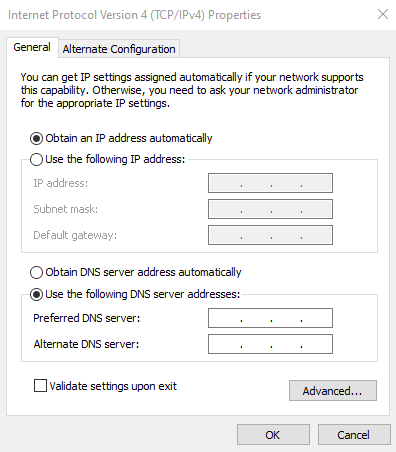 A screenshot to change DNS setting to resolve DNS server error