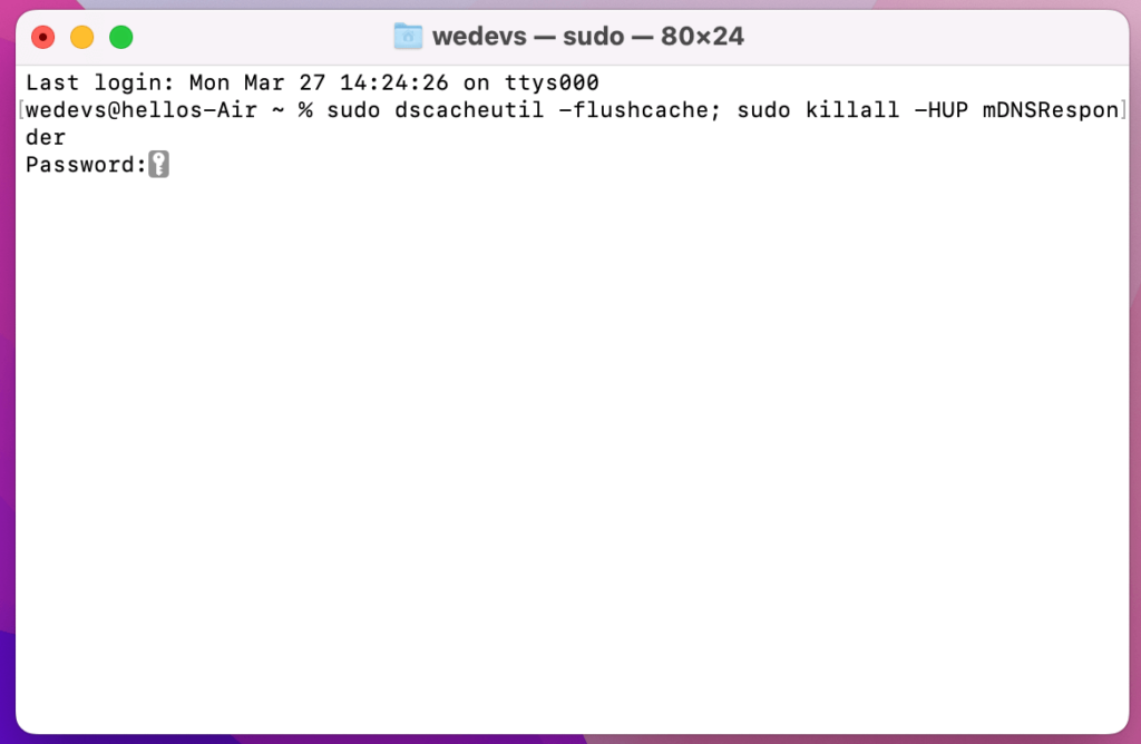 A screenshot on how to flush the DNS cache on macOS in Terminal