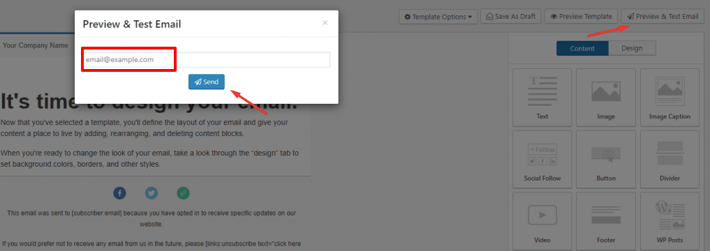 This image shows how to check the test and preview the newsletter before sending it to the subscribers. 