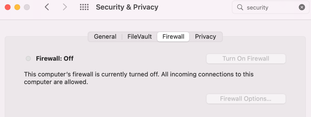 A screenshot to turn off firewall from security and privacy