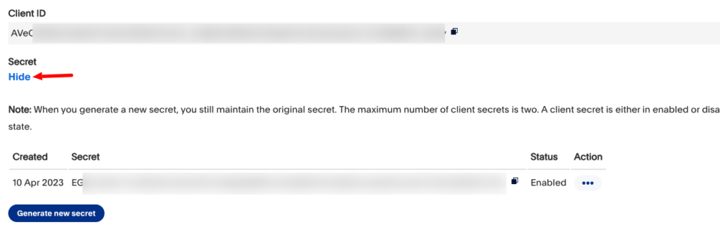This image shows a client ID and secret number of a PayPal business account.