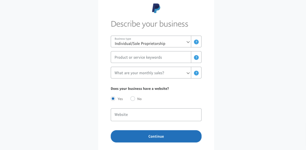 This image shows 3 fields to fillup for creating a PayPal business account.