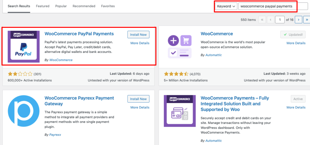 This is a screenshot that shows how to install the WooCommerce PayPal payments plugin from the WordPress dashboard. 