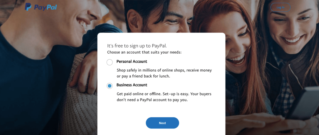This is a screenshot of PayPal that shows two options- Personal account and Business account. 
