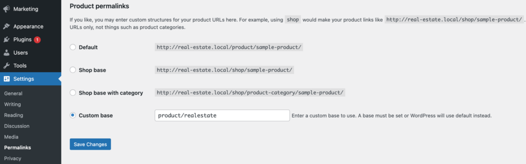 A screenshot to change the product permalinks
