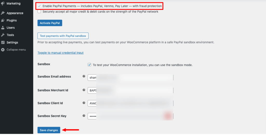 This image shows where to paste the Merchant ID, Client ID, and Secret Key to a WooCommerce store.