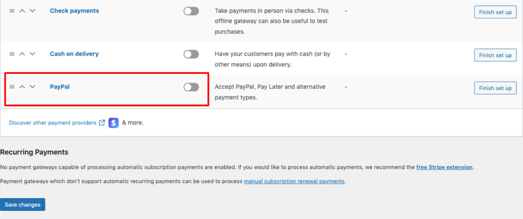 This image shows a toggle button to enable PayPal payments in a WooCommerce store.
