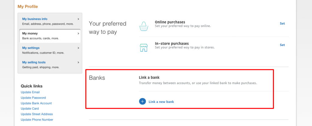This image shows how to link a bank account to a PayPal account