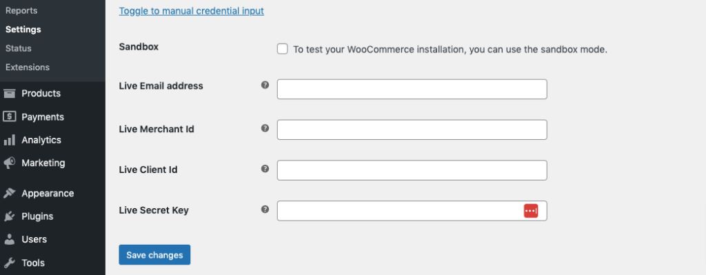 This image shows the configuration fields to connect PayPal manually to a WooCommerce store.