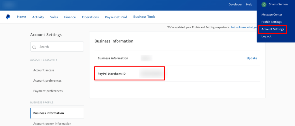 This screenshot shows PayPal Merchant ID