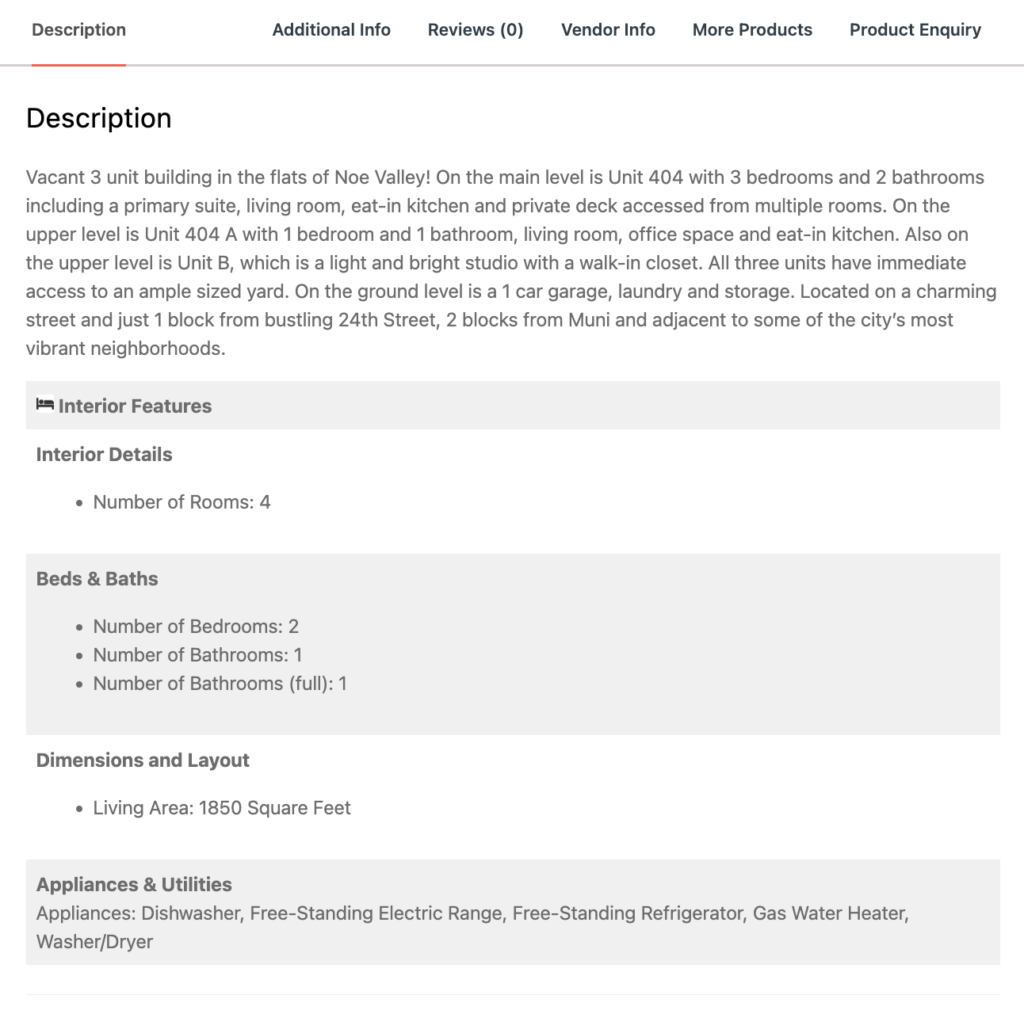 A screenshot to property description for real estate marketplace
