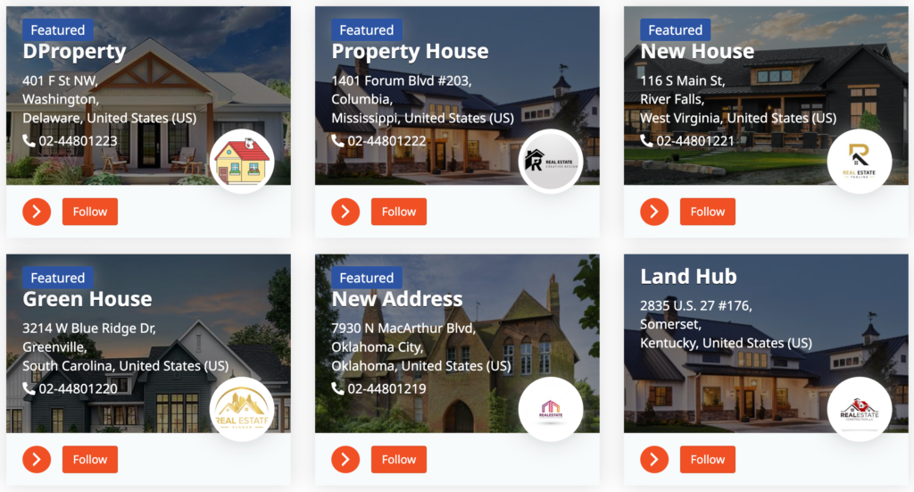 A screenshot of store list of real estate marketplace