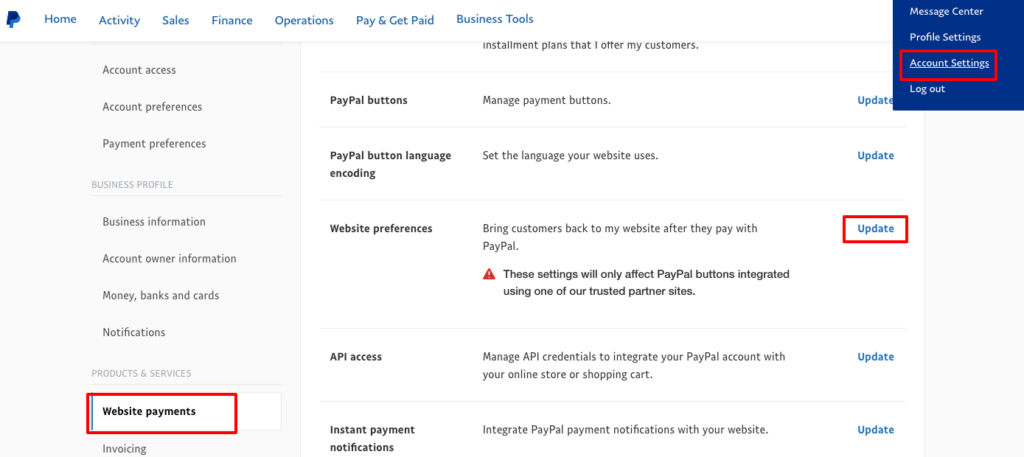 This is a screenshot that shows the Website preferences option to run multiple website using the same Paypal account. 