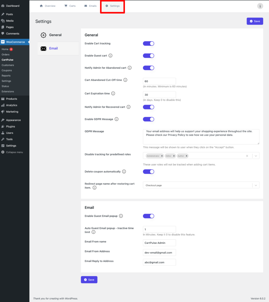 This is a screenshot of the CartPulse Settings