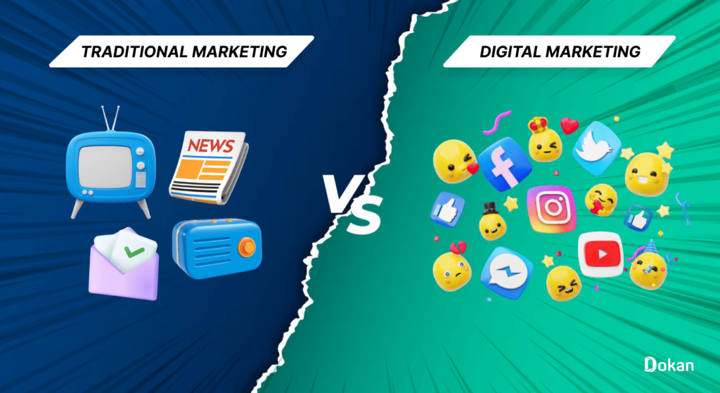 An illustrating that showing traditional marketing VS digital marketing