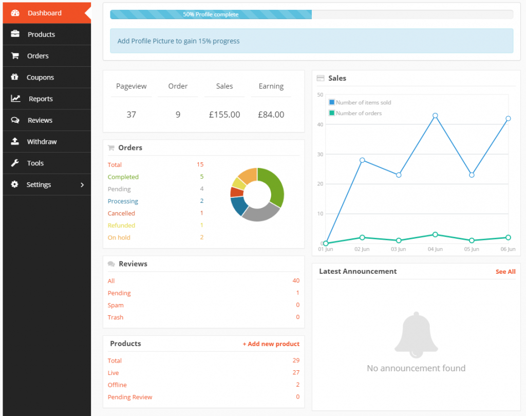 A screenshot of Dokan vendor dashboard