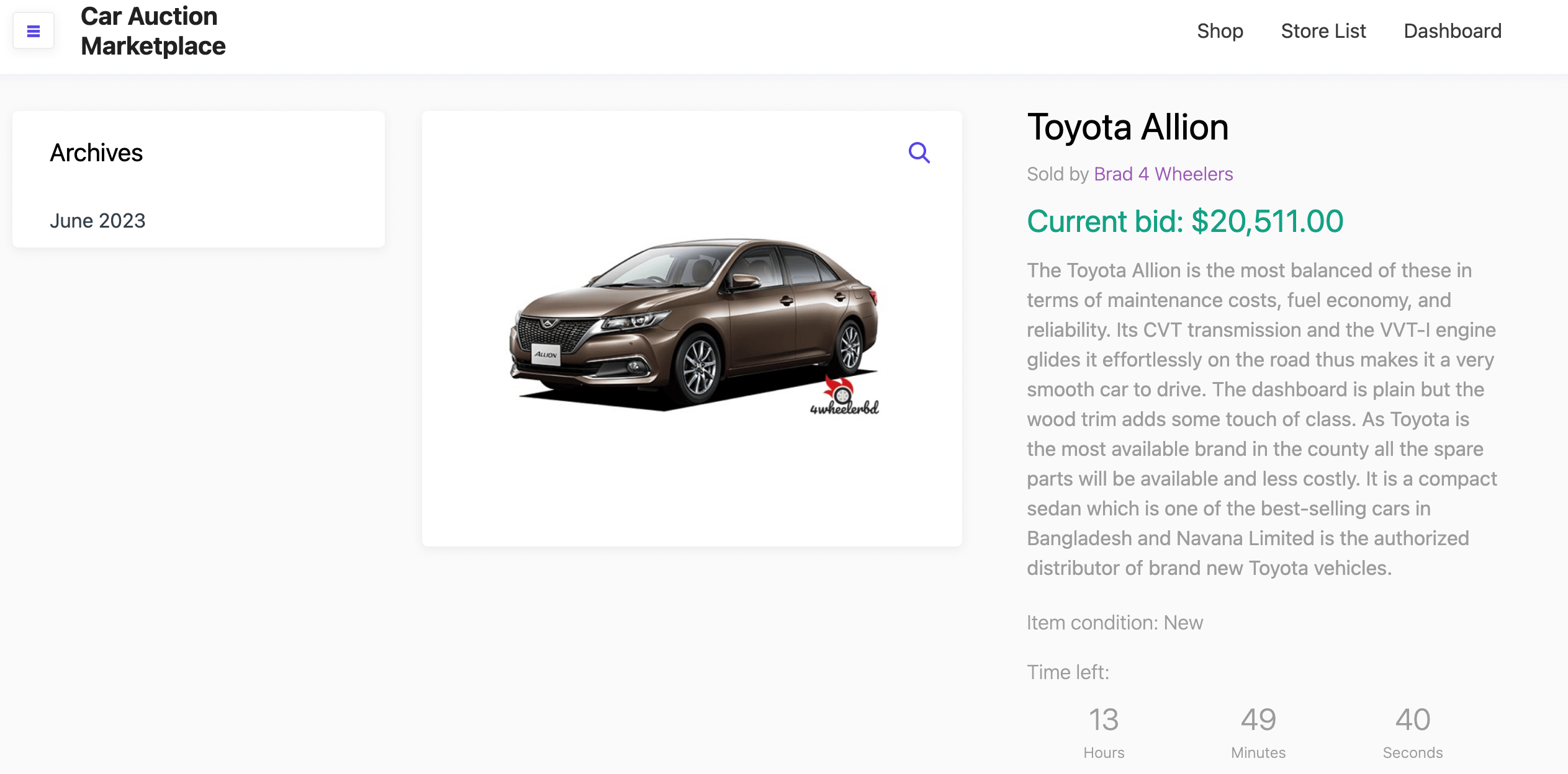 This is an example of Dokan powered car auction marketplace