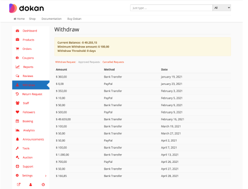 Easy Withdrawal System for Vendors