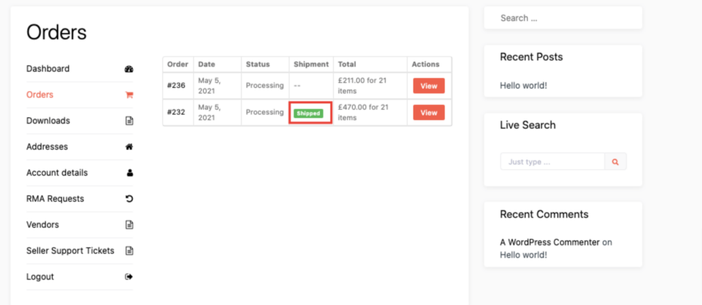This illustration shows the shipping status of the Dokan plugin