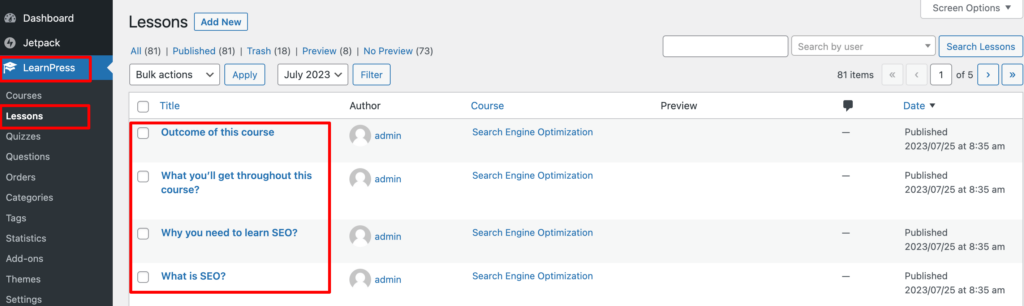 This is a screenshot of the lesson list of a course created by LearnPress. 