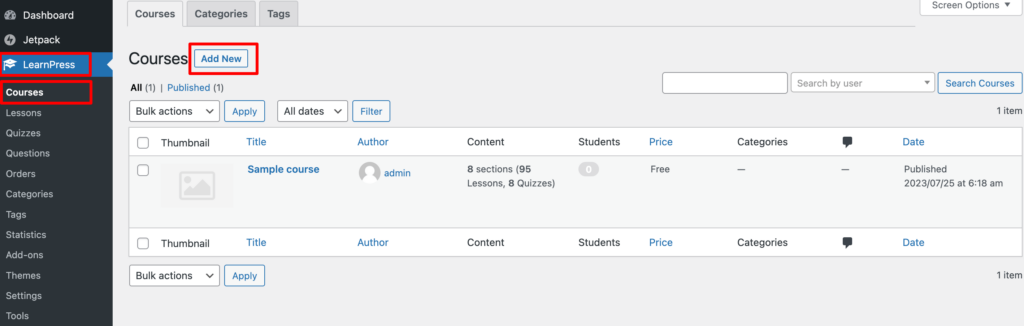 This is a screenshot that shows how to add a new course using the LearnPress plugin.