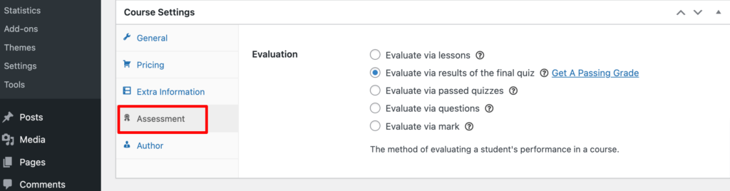 This is an image that shows how to set the assessment for a course using LearnPress plugin