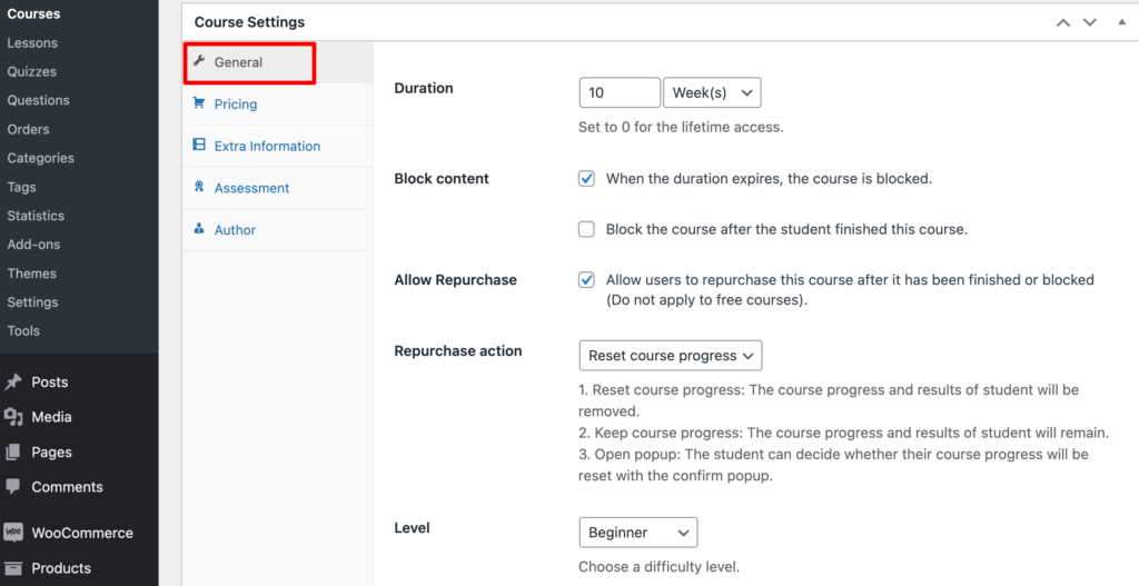 This is a screenshot that shows how to configure a course using the LearnPress plugin