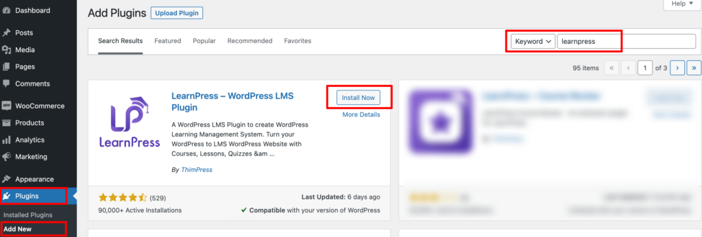 This is a screenshot that shows how to install the LearnPress plugin from the WordPress dashboard. 