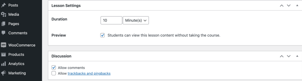 This is a screenshot of the Lesson settings portion.
