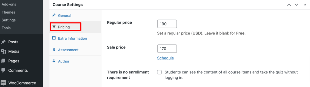 This is a screenshot of the Course settings interface of the LearnPress plugin.
