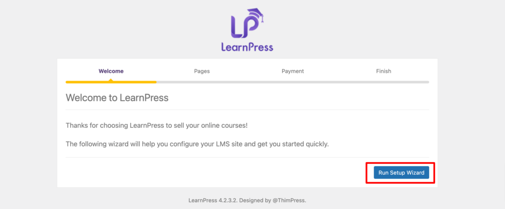 This is a screenshot of the LearnPress setup wizard