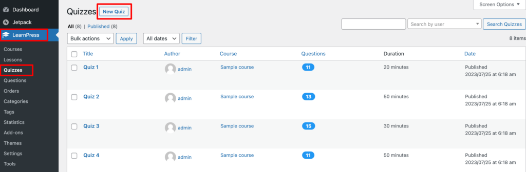 This is a screenshot that shows how to create a new quiz for online education platform using LearnPress plugin. 