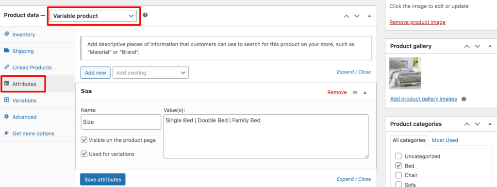 This image shows how to add different sizes for a variable product.