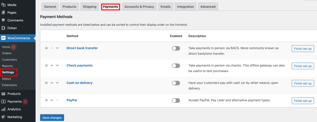 This image shows all the payment methods that is available for Dokan plugin. 