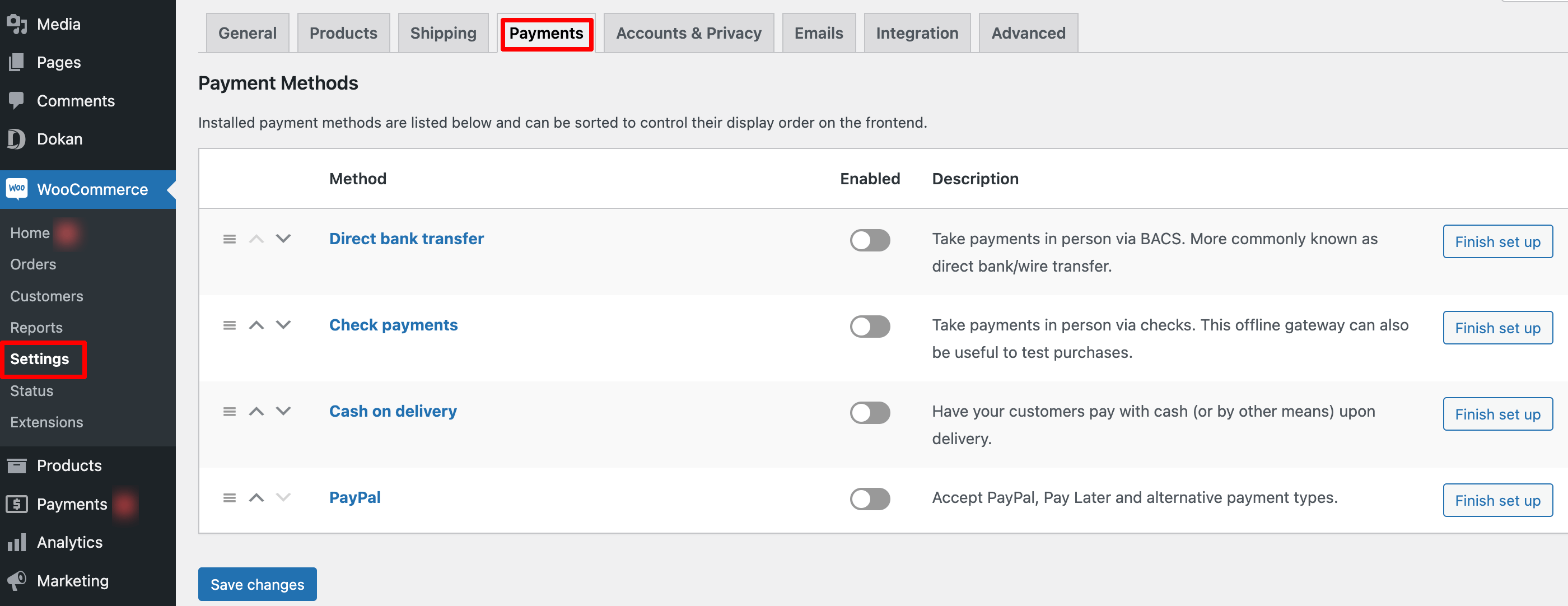 This image shows all the payment methods that is available for Dokan plugin. 